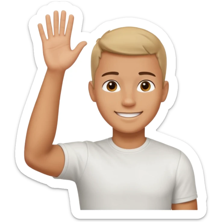 joven bronceado corte de soldado oscuro muy cortito polera blanca sonrisa bonita saludando mano arriba sticker
