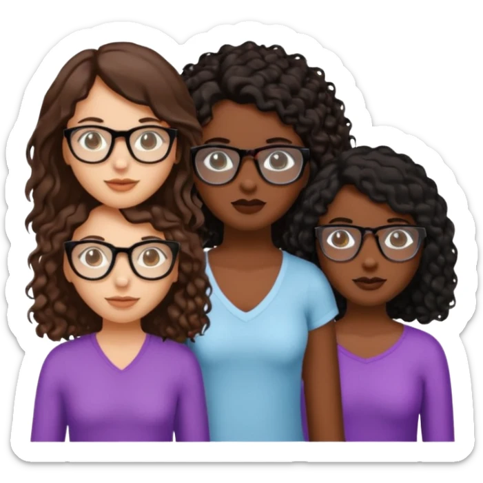 3 chicas: dos con el pelo lacio y café, piel blanca pero no tanto con el pelo por el pecho, y la otra morena y pelo rizado negro y lentes transparentes sticker