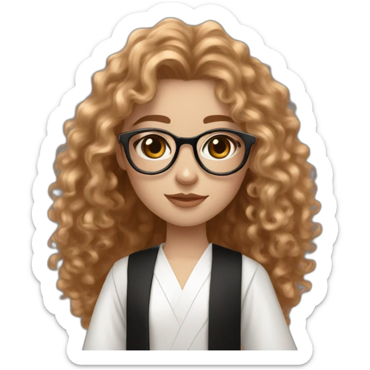 British white skin teenage girl very long curly flax hair amber eyes rose gold round glasses white shirt black robe sticker