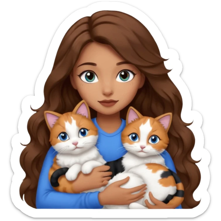 girl with long wavy brown hair, blue eyes, long lashes makeup, cuddling with 6 cute cats sticker