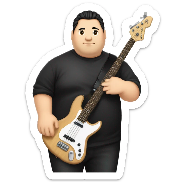 chubby chinese guy with fair skin, man bun, black shirt and bass guitar sticker