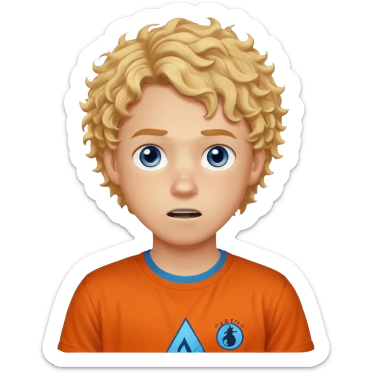 teenage boy with curly blond hair and blue eyes with freckles wearing an orange “Camp Halfblood” tshirt with the official percy jackson camp halfblood logo on it have hime doing a shocked face sticker