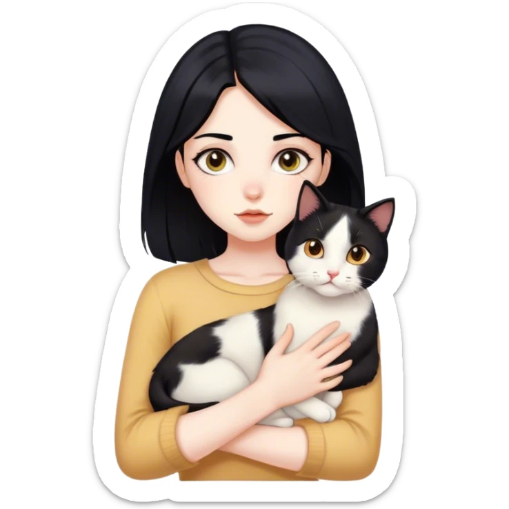 pale skin black hair girl with orange and white cat sticker