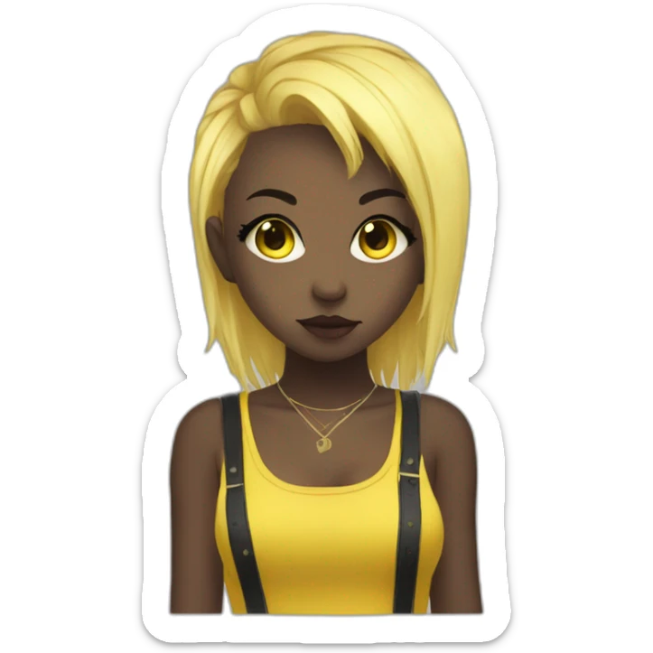 cute punk girl in yellow dress dark skin with yellow eyes and dark curvy hairs drummer anime style sticker