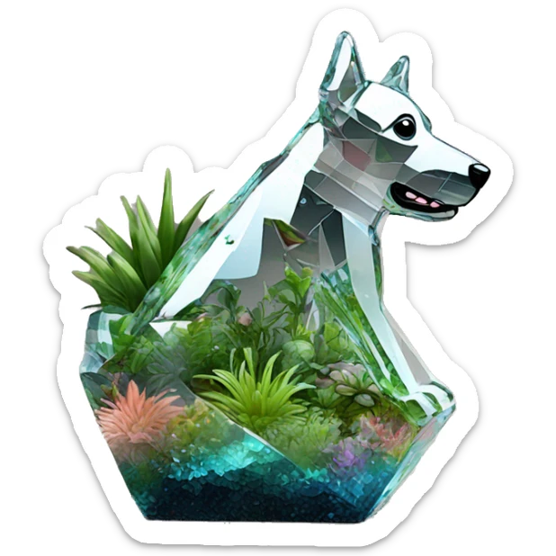A dog made of glass mirror crystals prisms glass transparent filled with plants as a terrarium with graffiti doodles sticker