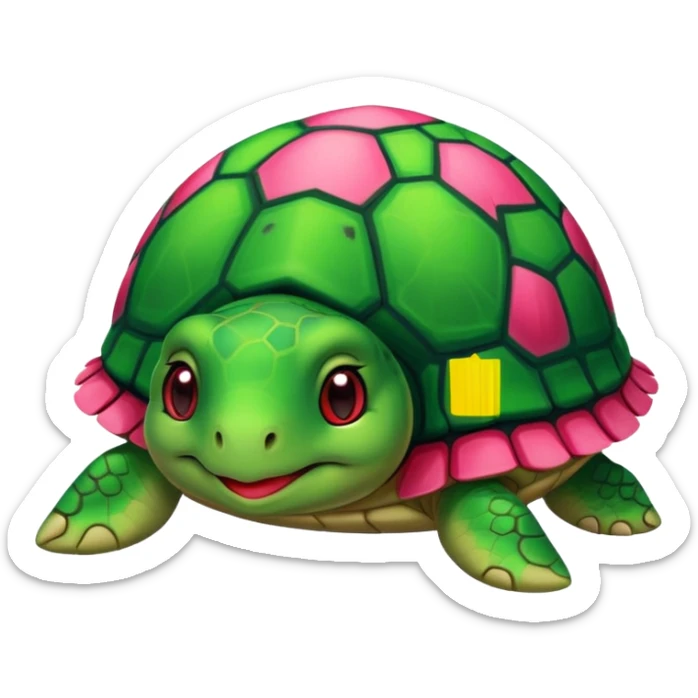 tortue cartoon verte avec joues rouge-rose, style kawaii, fond transparent. sticker