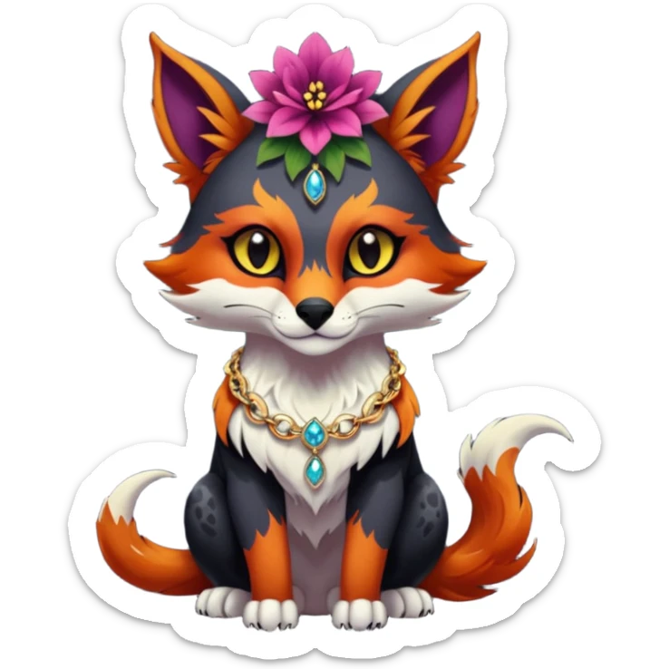 Multicolored dark edgy spooky hot badass realistic floral exotic Falvie-Fionbri-animal, full body, wearing jewelries sticker