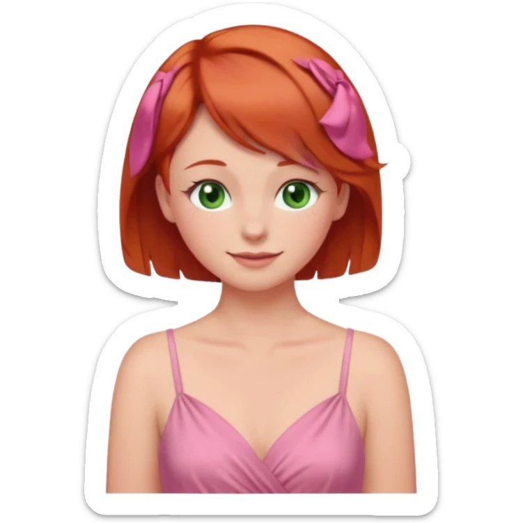 Face with short red hair, green eyes, tucking her hair behind her ear, blushing rosy cheeks and smiling looking down at her pink dress sticker