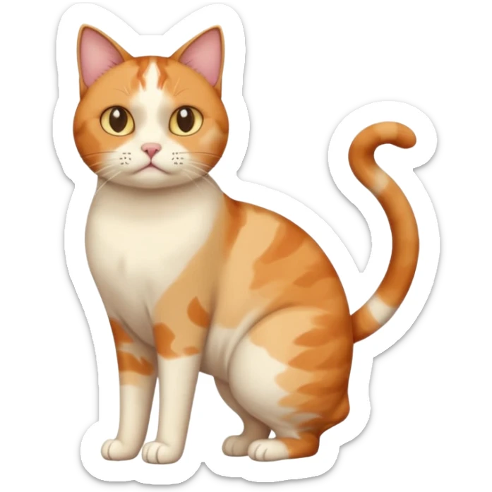full body calico cat with skinny head and fat body with an anxious face sticker