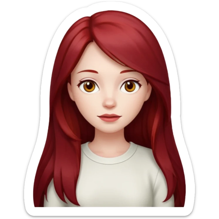 woman, pale skin, long straight dark red hair with layers, brown eyes, white top, apple emoji style sticker