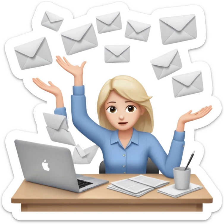 tired woman sitting at a desk with a MacBook, holding her arms out to the side, surrounded by flying papers sticker