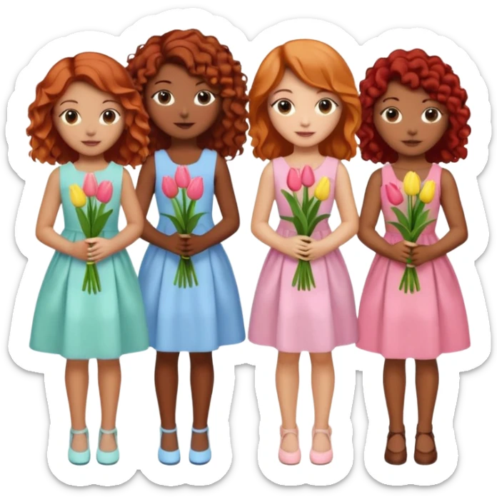 5 girls at a garden party wearing pastel dresses and holding tulips, one is black, one is blond, one has brown hair, one has red hair, one is mixed with curly hair sticker