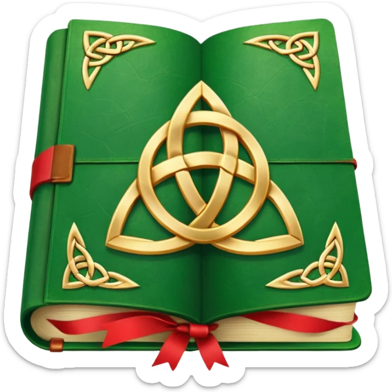 a green closed book with a golden triquetra on it with a red ribbon between the paged sticker