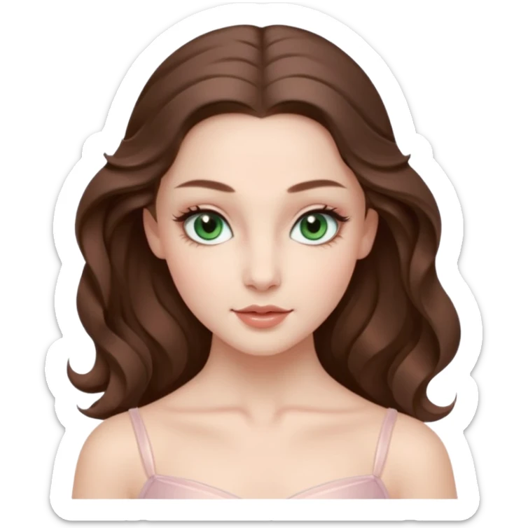 Cinema Realistic Ballerina Portrait, with porcelain-like skin featuring a natural rosy flush, illuminated by soft lighting that highlights the gentle contours of her face. Her Brunette hair flows in soft.Her deep green light eyes radiate framed by arched brows and long lashes. sticker