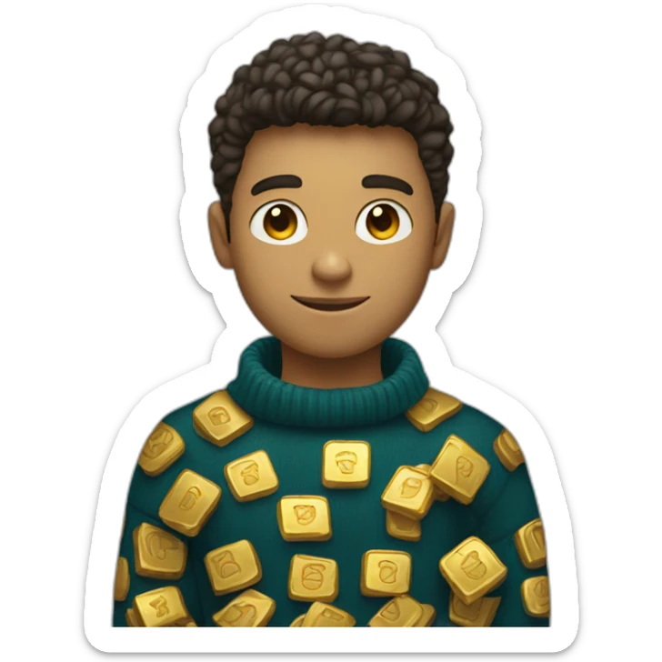 make a young man with a sweater who holds a lot of gold in one hand and has the linkedin logo in the other sticker