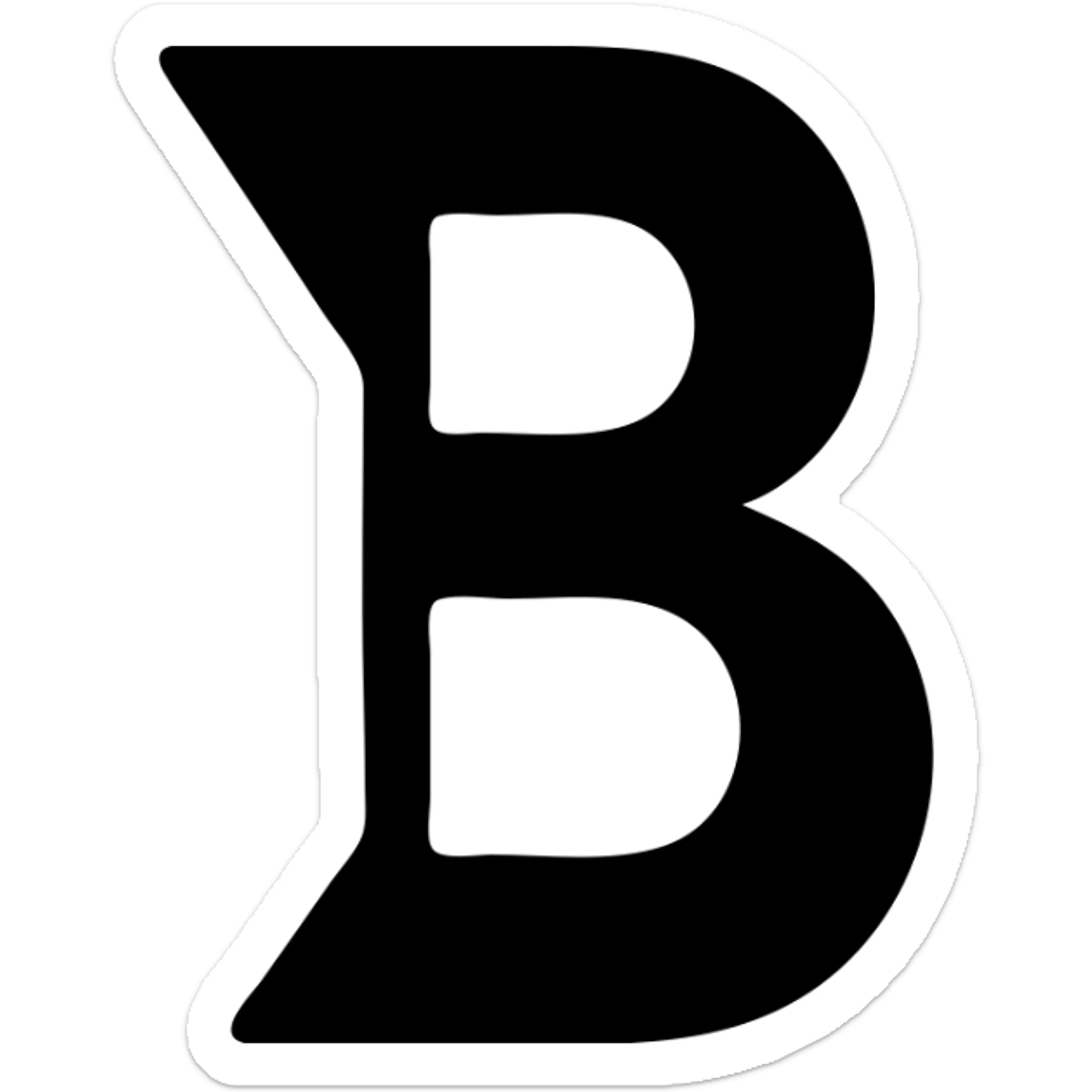 Upper loop of a capital B morphs into an outward wedge; bottom loop stays solid sticker