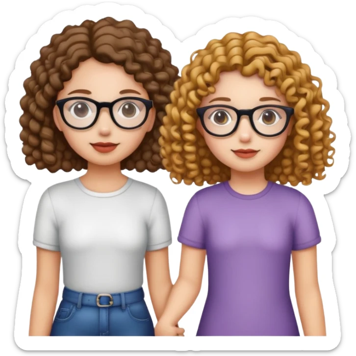 straight hair girl holding hands with curly haired girl glasses sticker