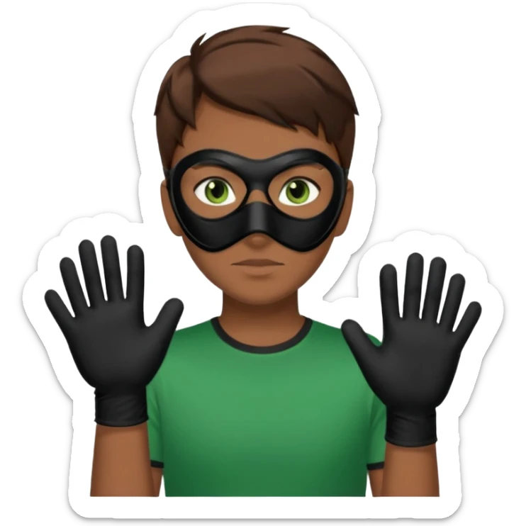 Chico de pelo marrón y ojos verdes, Con un cubre bocas negro, que tiene una camisa verde por encima de una remera blanca, y tiene un guante negro en una sola de las manos. sticker