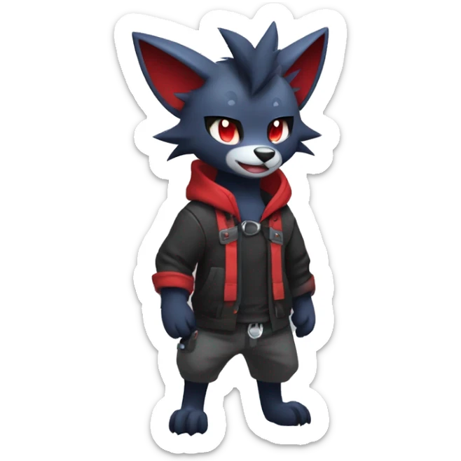 Cool Edgy Zorua-Zoroark-Mightyena with a collar and hoodie-sweater and harness on, full body sticker