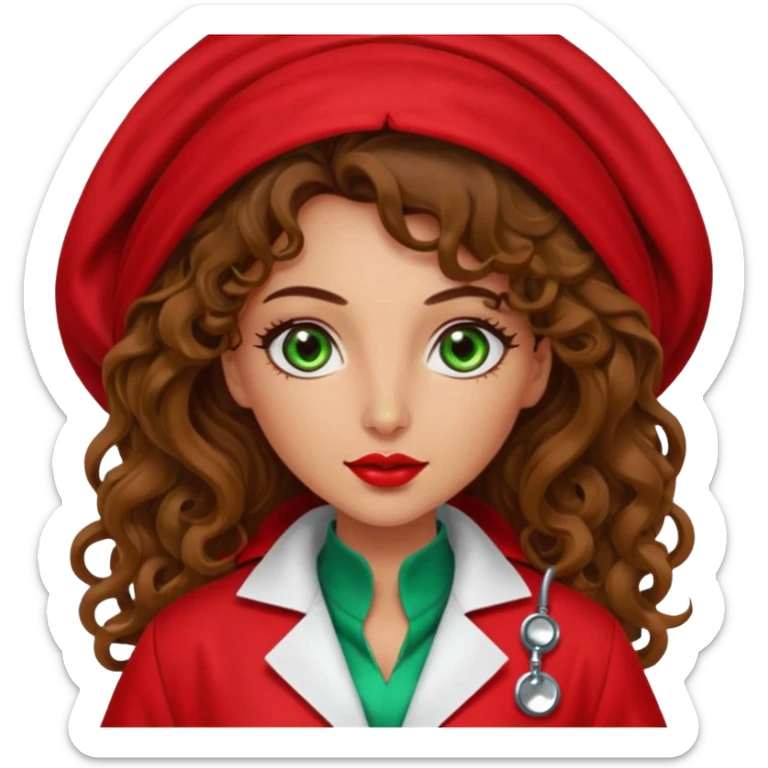 Spanish sexy evil woman. She has green eyes.  had brown long curly hair.  evil surgeon kills with needle wears red sexy doctor coat with red Juliet veil on her mouth and nose ONLY to hide and wearing red gloves. Hair is free and flowing long  sticker