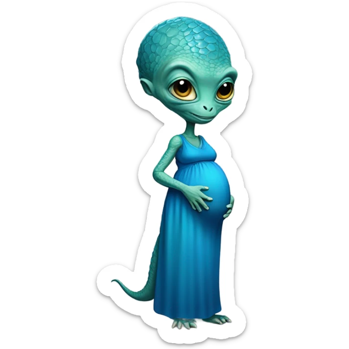 Pregnant Reptilian alien woman, full body in blue dress sticker
