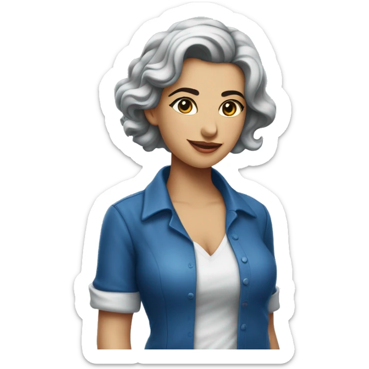 Pessoa morena, com blusa azul, cabelo loiro platinado, sorrindo, fazendo 5 com as duas mãos  sticker