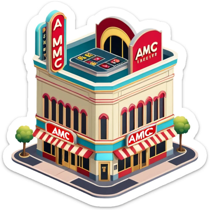 AMC movie theater exterior, isometric dollhouse-style, highly detailed  sticker