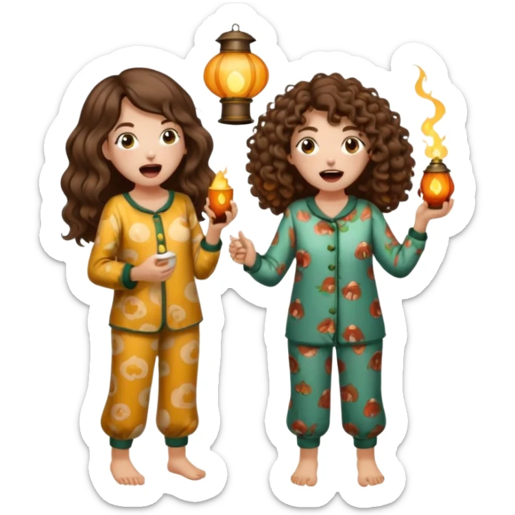 pajama forest duo — long wavy brown hair tattooed woman and short tight curly brown hair woman — mushroom pajamas yawning with lantern sticker