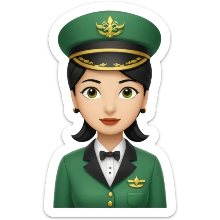 Lady hotel butler with green uniform black hair and just a lite bit brown skin and Arabic face with our hat please sticker