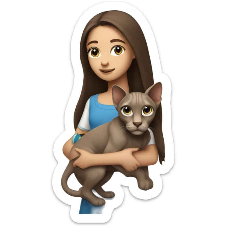 A girl with blue eyes and long brown hair holds a gray sphinx in her arms sticker