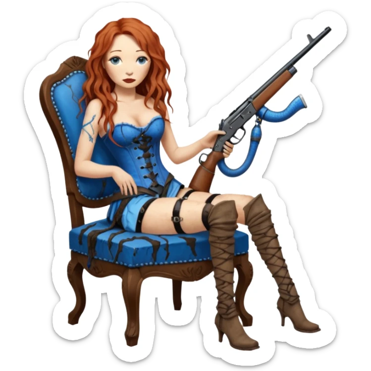 realistic cinematic Tori Amos sits on a rocking chair in a torn corset, holding an antique rifle and her bare feet are muddy. A blue snake is wrapped around the chair. sticker