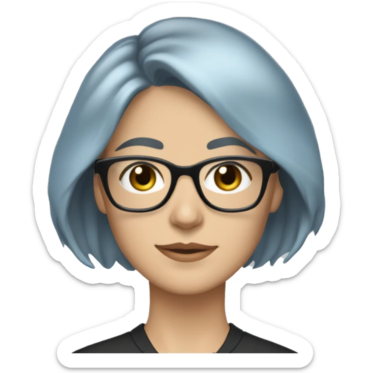 Caucasian woman with chin length layered blue hair and grey eyes wearing light grey square-shaped glasses and a black collared shirt sticker
