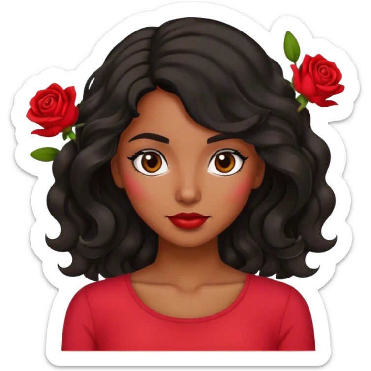 Olive brown eyed women with black wavy hair rose background red top sticker