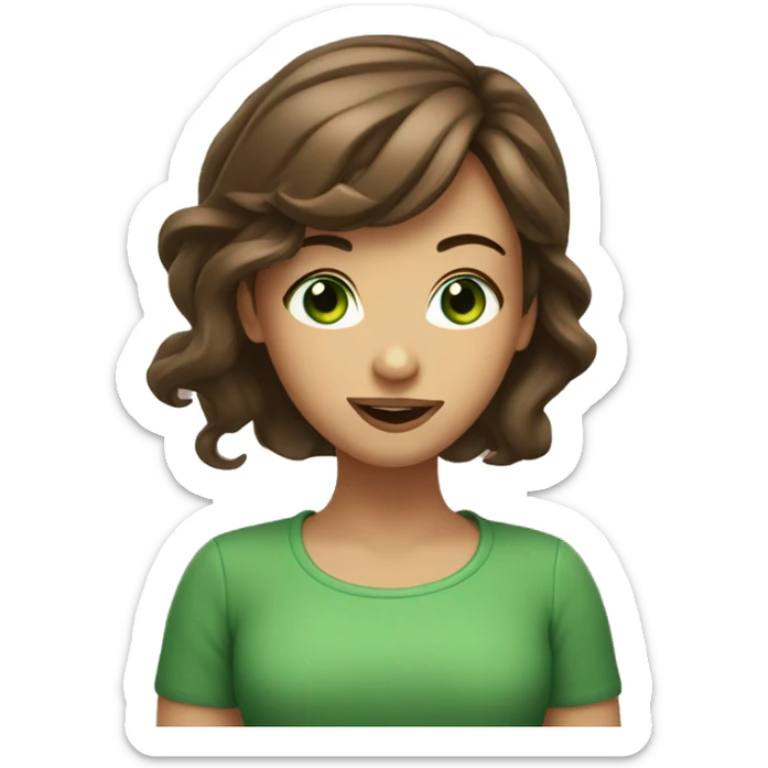 a brown haired girl with green eyes rolled up with her tongue out sticker