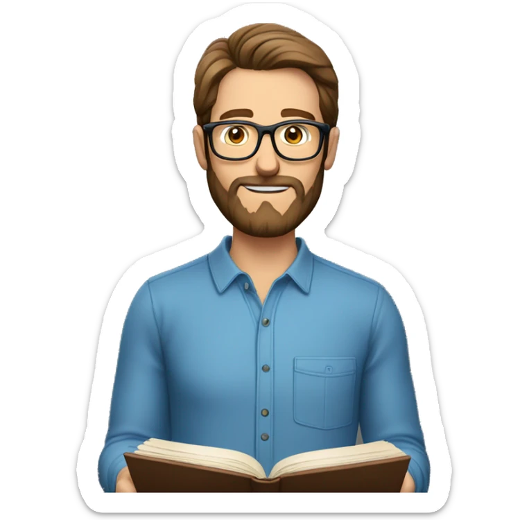 Caucasian man reading book. Brown hair, glasses, and a beard. Blue eyes and wearing a long sleeved shirt sticker