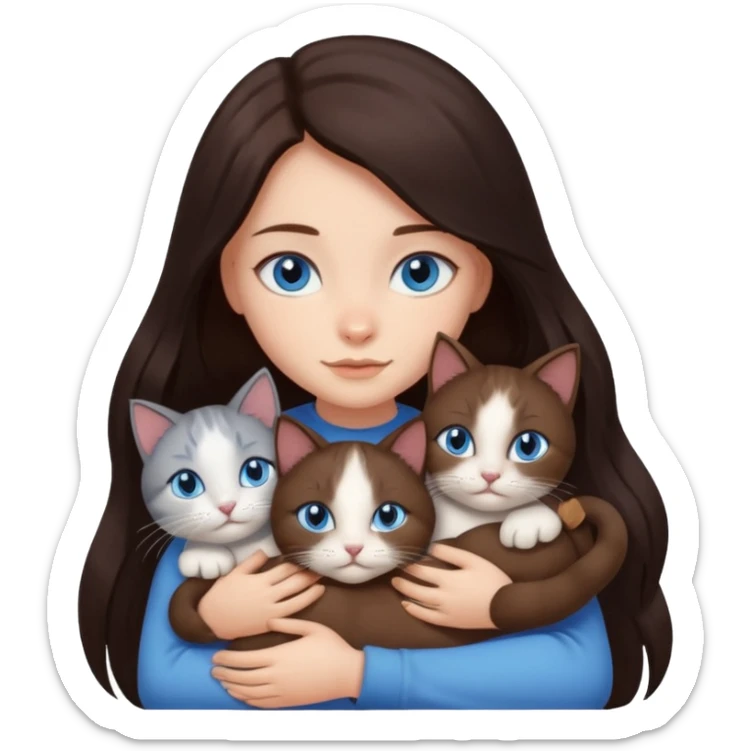 a girl with long dark 
brown hair, with blue eyes, hugs 3 different natural coloured cats sticker