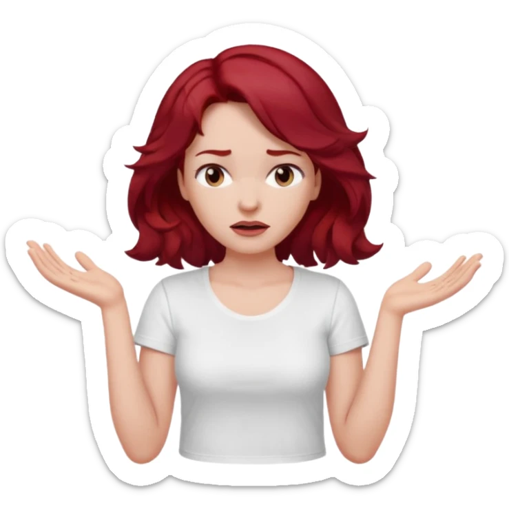 woman shrugging, eyes closed, white t-shirt, dark red hair sticker