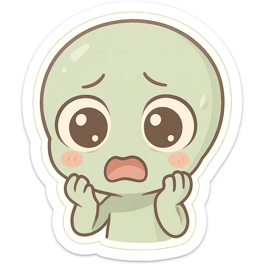 cute cartoon alien head showing fear, chibi stickers style, pale colors, wide eyes, scared expression sticker