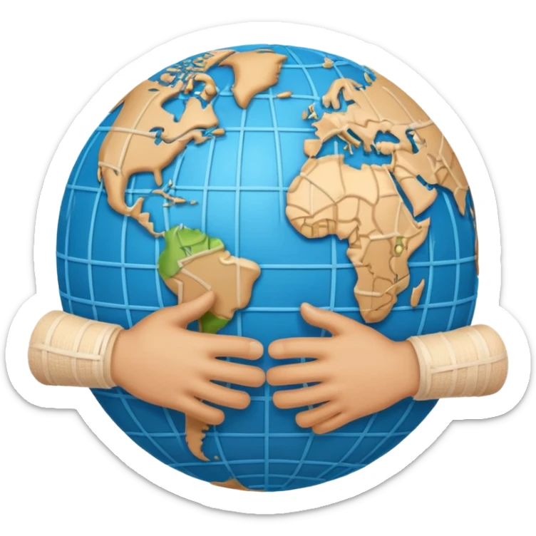 Generate an emoji of two hands shaking in front of a globe. Have a bandage wrap around the globe in the background. sticker