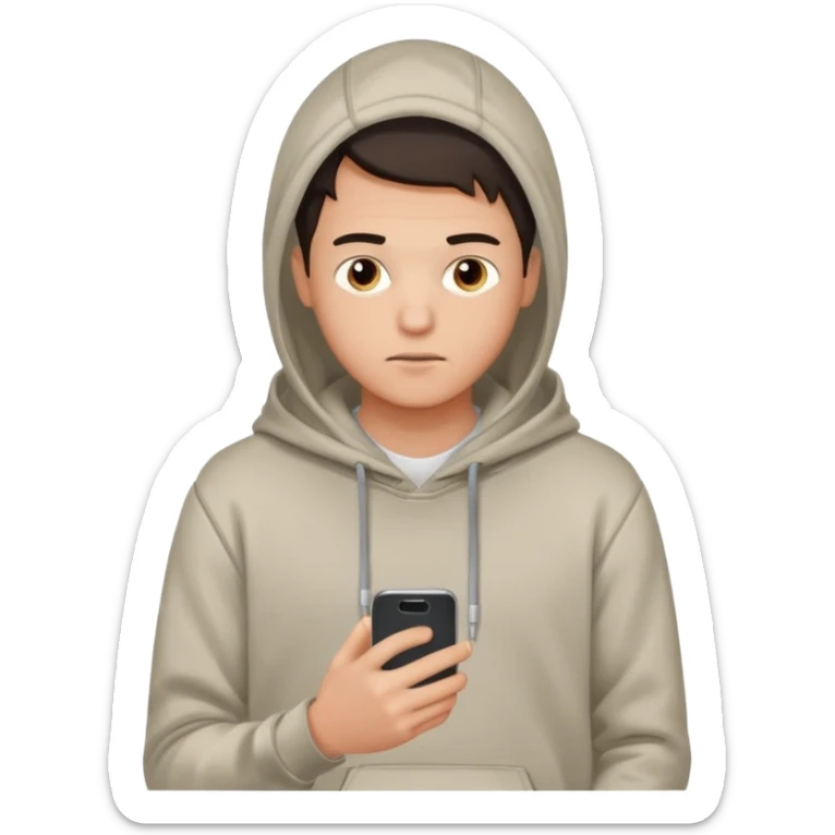 male memoji, young man in casual hoodie, holding smartphone, texting, distracted expression, casual everyday loo sticker
