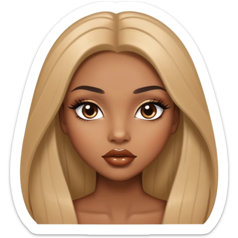 Glamourous, light brown skin tone, very beautiful girl, with big plump shiny lips, long long lashes, black straight smooth silky long hair, straight parting hair, brown eyes sticker