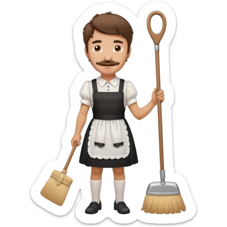 Guy with short shaggy brown hair , a mustache, wearing a cute maid dress, sweeping sticker
