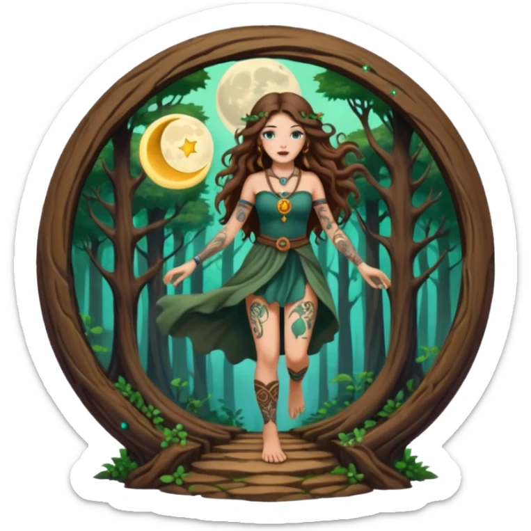 forest mystic woman long wavy brown hair tattoos stepping through small moon portal sticker
