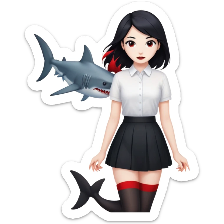 A girl in a white shirt, a black skirt and stockings with black hair, but there are glimpses of red on some areas of hair and also with a shark tail sticker