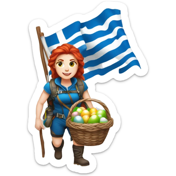 Greek Female winter mountaineer red hair white skin climbing with Greek Flag and Easter eggs basket sticker