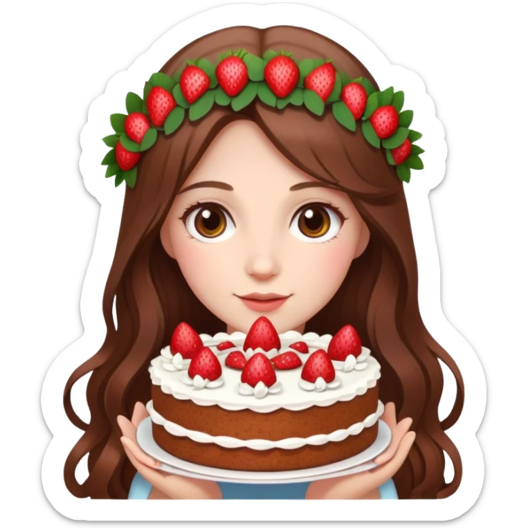 A beautiful girl with long brown hair and a wreath holding a strawberry cake sticker
