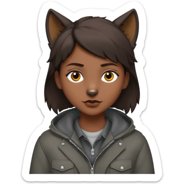 Hobo tomboy with dark brown hair in a wolf cut style that is parted in the middle. brown eyes, dark dull brown coat, grey shirt. sticker