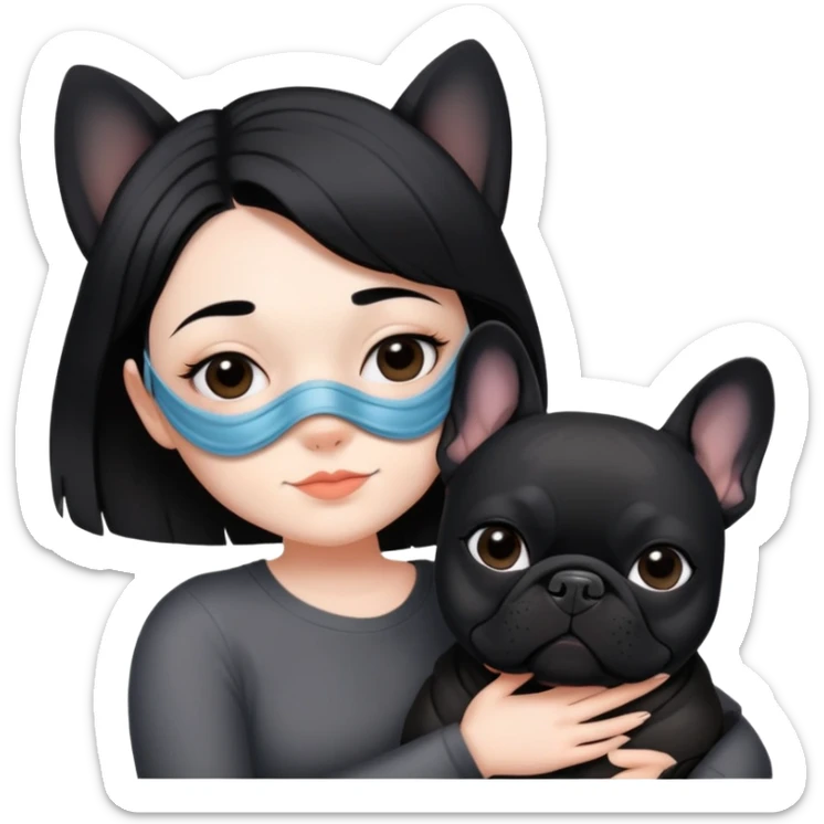 girl with short black straight hair wearing a mask and hugging a black French bulldog sticker