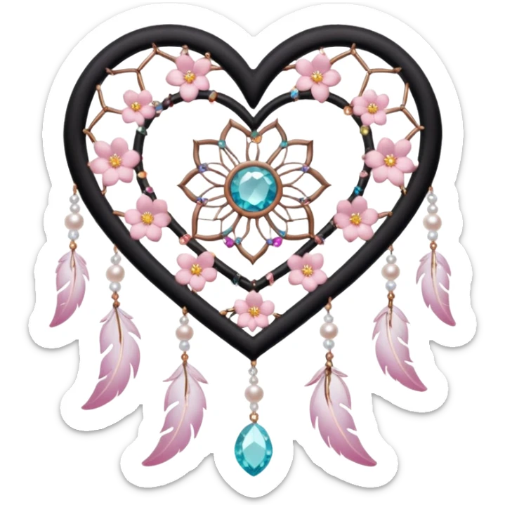 Sakura flower heart Cœur pastel suncatchers gemstones beadspearls crystals dreamcatcher with a white wooden frame  sticker