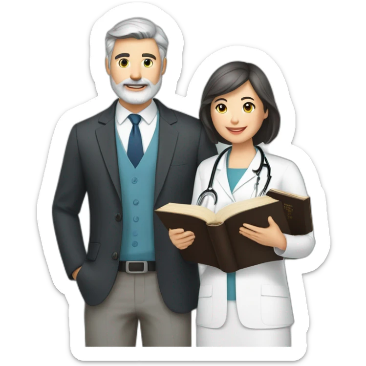 husband classy caucasian partly gray hair trimmed beard wearing business suit holding bible, with wife asian age 55 dark hair nurse uniform, no children sticker